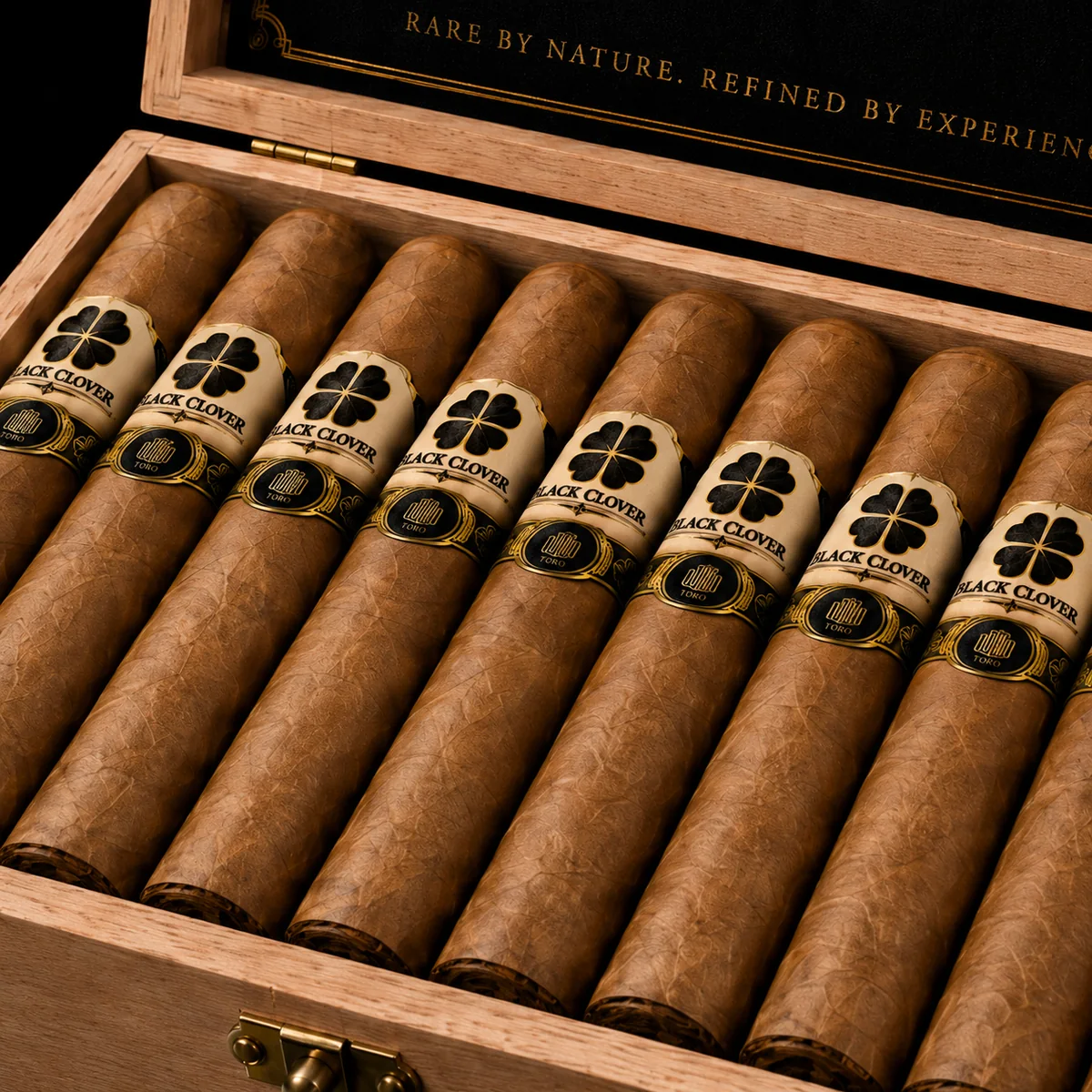 Twenty Black Clover cigars laid in an open chest